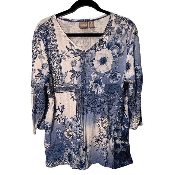 Chico's Tops - Chico’s Baby Blue 3/4 Sleeve Pull Over Floral Top Size Large